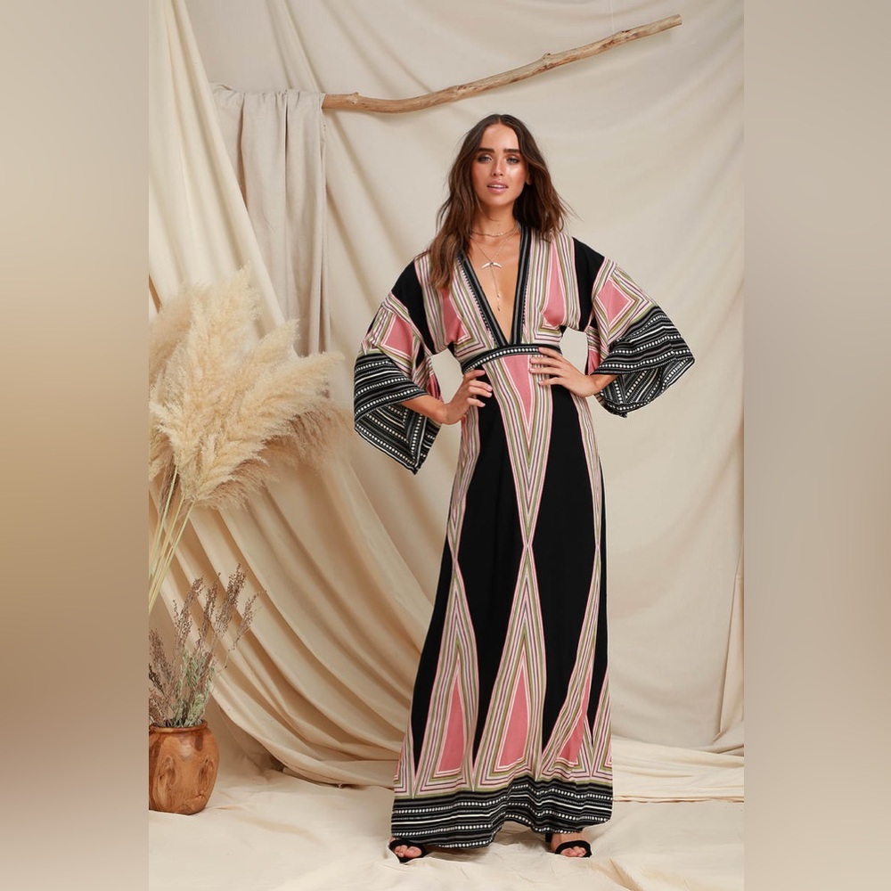 Lulus Montecito Black Print Maxi Dress, Size S